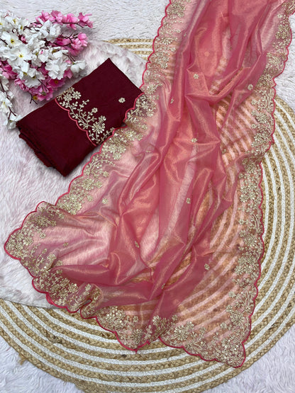 Twil Net Jalpari Work Saree