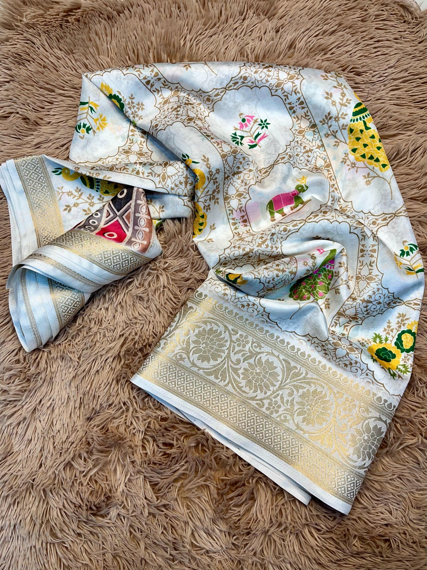 Rudraksh-White Soft Dola Printed Silk Saree