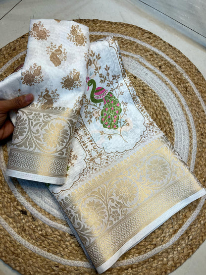 Rudraksh-White Soft Dola Printed Silk Saree