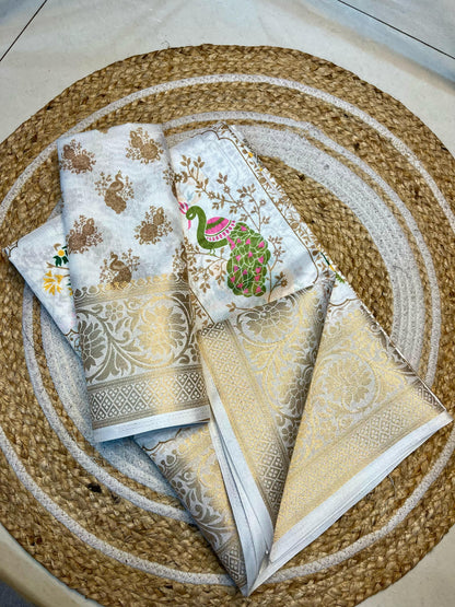 Rudraksh-White Soft Dola Printed Silk Saree